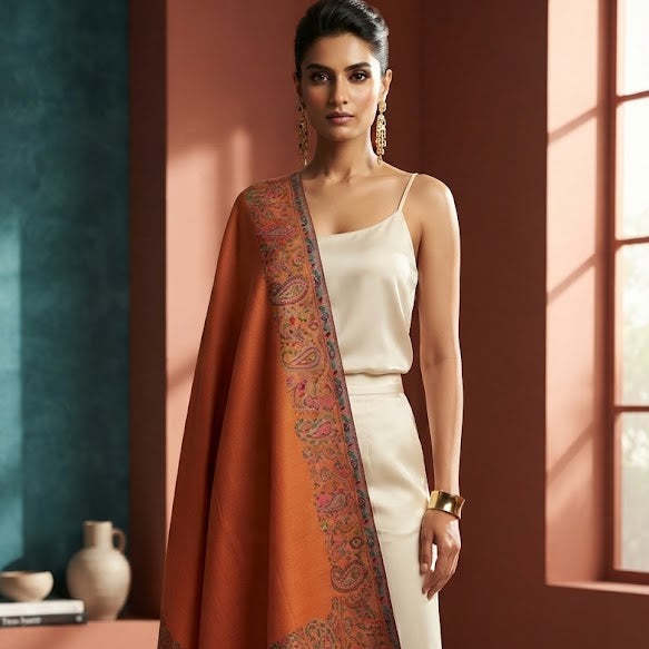 A woman models a warm rust-orange shawl with intricate multicolor paisley and striped borders over a cream-colored sleeveless top and trousers, standing in a warm-toned room with terracotta walls and a window.