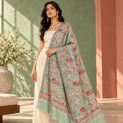 A woman models a mint green embroidered dupatta with pink and red floral patterns over a white outfit, set against a warm, modern interior background with green and peach walls.
