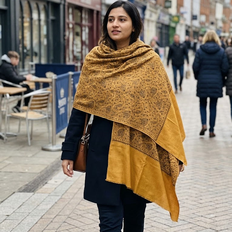 A woman walking on a city street wearing a mustard yellow shawl with a dark brown paisley pattern over a dark navy coat.