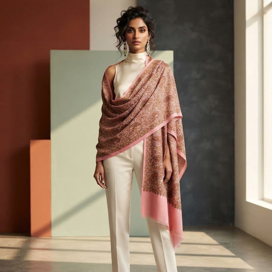 A woman stands in a studio wearing a draped dusty pink patterned shawl over a white mock neck top and white trousers, with a window light casting shadows on the floor.