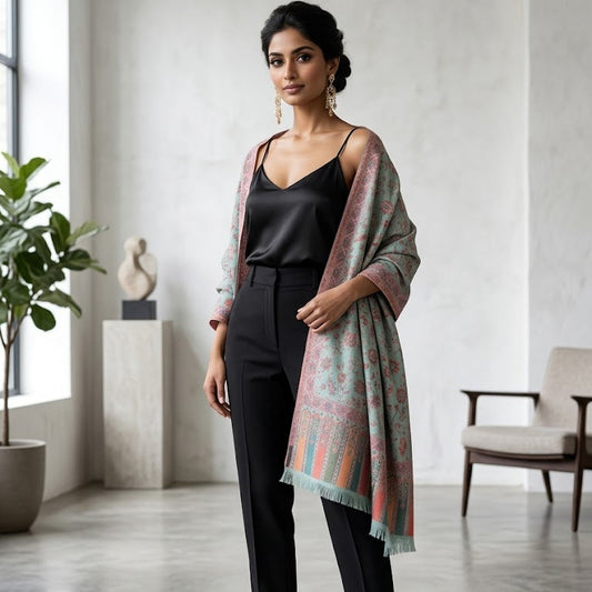 A woman models a black satin camisole, black trousers, and black heels, draped with a multicolor patterned shawl in a bright, modern minimalist room.