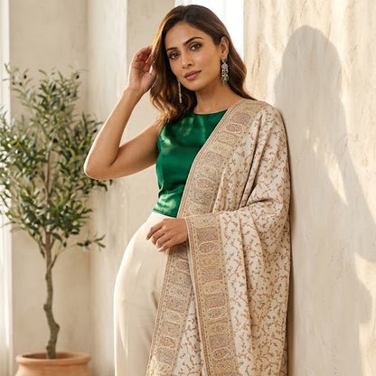 A woman models a traditional Indian outfit featuring a beige and gold patterned shawl draped over cream-colored pants and a shiny green top, standing in a sunlit room with a potted plant.