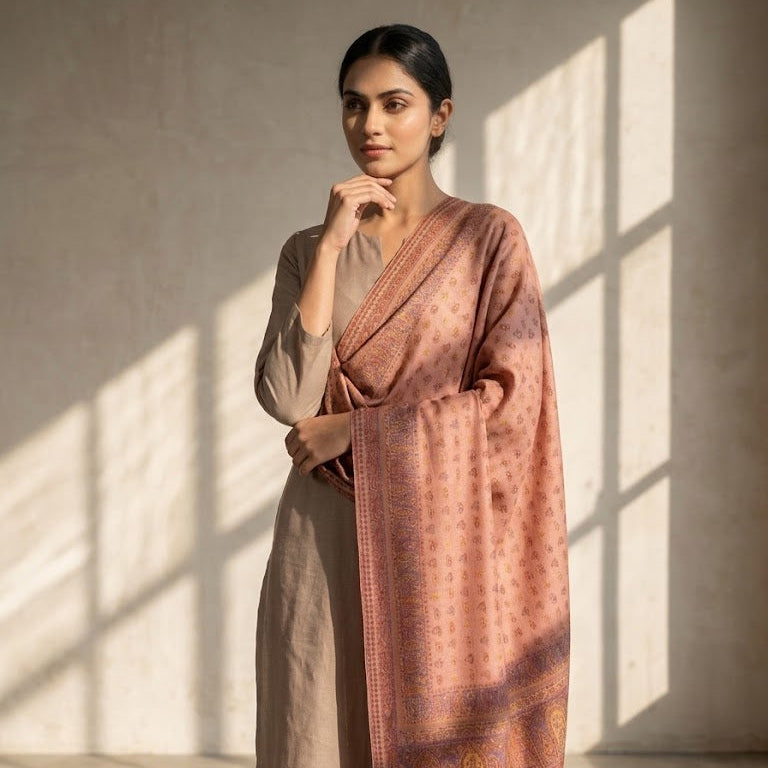 Silk Wool Kani Jamawar Shawl draped on a female model