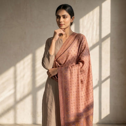 Silk Wool Kani Jamawar Shawl draped on a female model