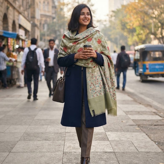 A woman walking on a city street wearing a navy blue coat, brown trousers, and a light green shawl with a red floral pattern. She is holding a phone and carrying a brown handbag.