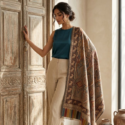 A woman stands in a sunlit room beside a large carved wooden door, wearing a sleeveless teal top, cream trousers, and tan heels, with a large patterned shawl draped over her shoulders.