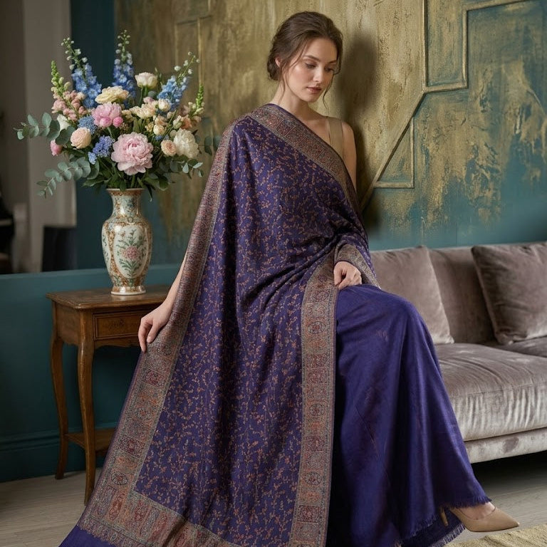 A woman wearing a purple patterned kani jamawar shawl