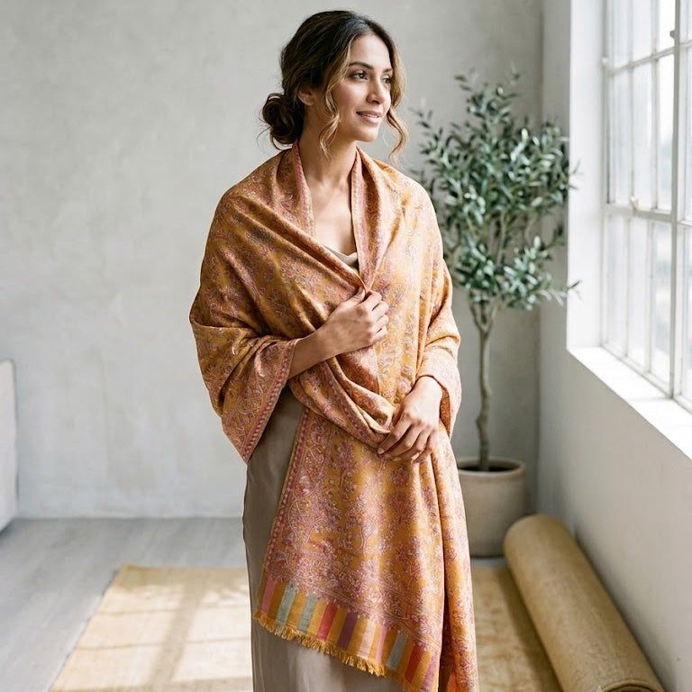 A woman stands in a bright room wearing a draped shawl in warm orange, gold, and brown tones over a beige dress. A window, potted plant, and rolled rug are visible in the background.