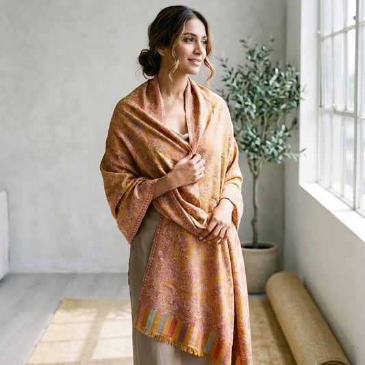 A woman stands in a bright room wearing a draped shawl in warm orange, gold, and brown tones over a beige dress. A window, potted plant, and rolled rug are visible in the background.