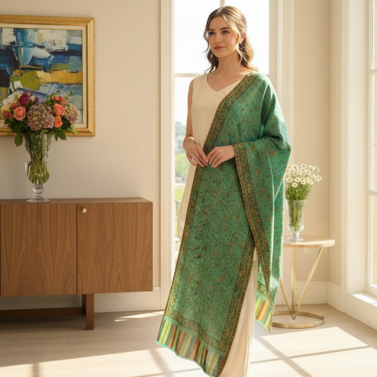 Woman in a green and beige traditional outfit standing in a bright room with large windows.