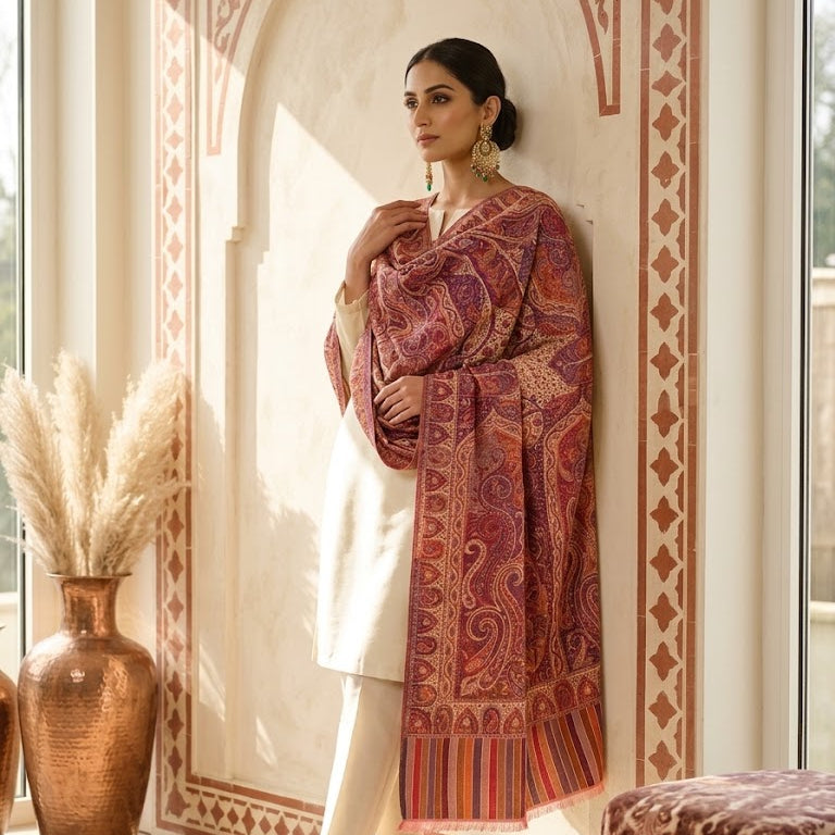 A woman models a traditional outfit featuring a cream kurta and white trousers, draped with a richly patterned rust-red and purple paisley shawl, set against an ornate arched wall with decorative borders.