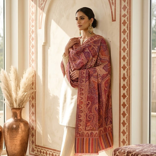 A woman models a traditional outfit featuring a cream kurta and white trousers, draped with a richly patterned rust-red and purple paisley shawl, set against an ornate arched wall with decorative borders.