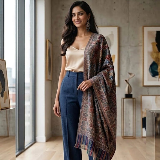 A woman stands in a modern indoor room wearing a beige sleeveless top, navy wide-leg pants, teal heels, and a patterned multicolor shawl draped over her shoulders.