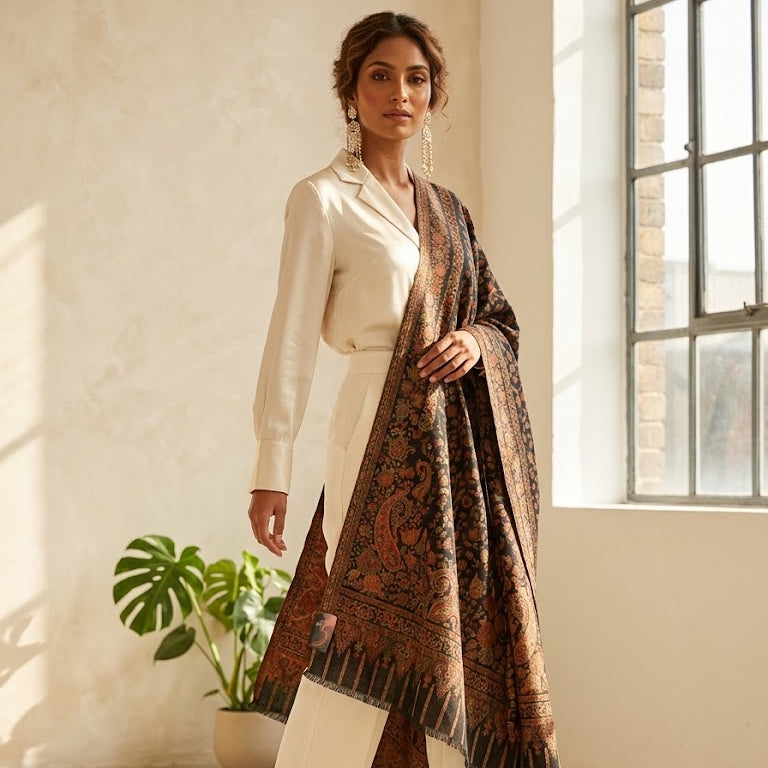 A woman models a traditional outfit featuring a cream-colored kurta and wide-leg trousers, paired with a dark brown and black patterned shawl draped over her shoulder, set in a bright, sunlit room with a window and a potted plant.