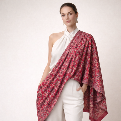 Kani Shawl in maroon on a female model