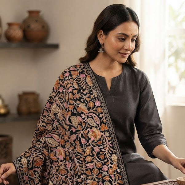 A woman wearing a dark charcoal gray kurta and black skirt sits indoors while wearing a large, heavily embroidered black dupatta with intricate floral patterns in gold, pink, and orange.