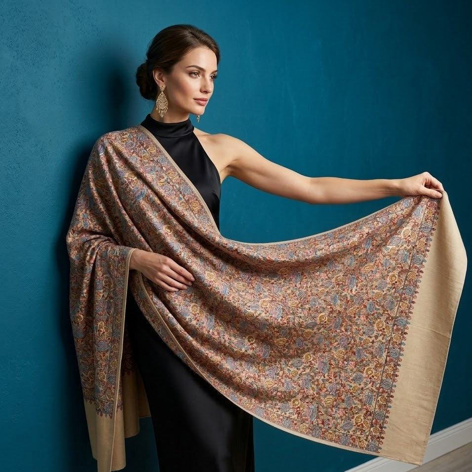 Woman holding a patterned scarf against a blue wall