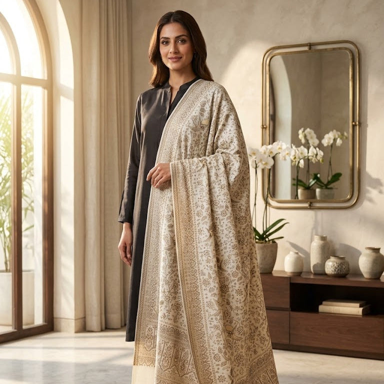 A woman models a traditional outfit featuring a beige and white heavily embroidered shawl draped over a dark gray kurta, set in a warm, sunlit room with a mirror and wooden console.