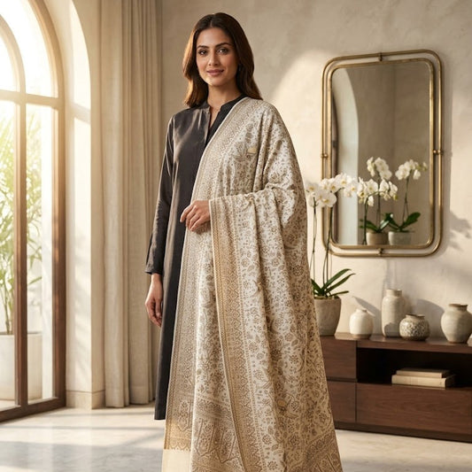 A woman models a traditional outfit featuring a beige and white heavily embroidered shawl draped over a dark gray kurta, set in a warm, sunlit room with a mirror and wooden console.