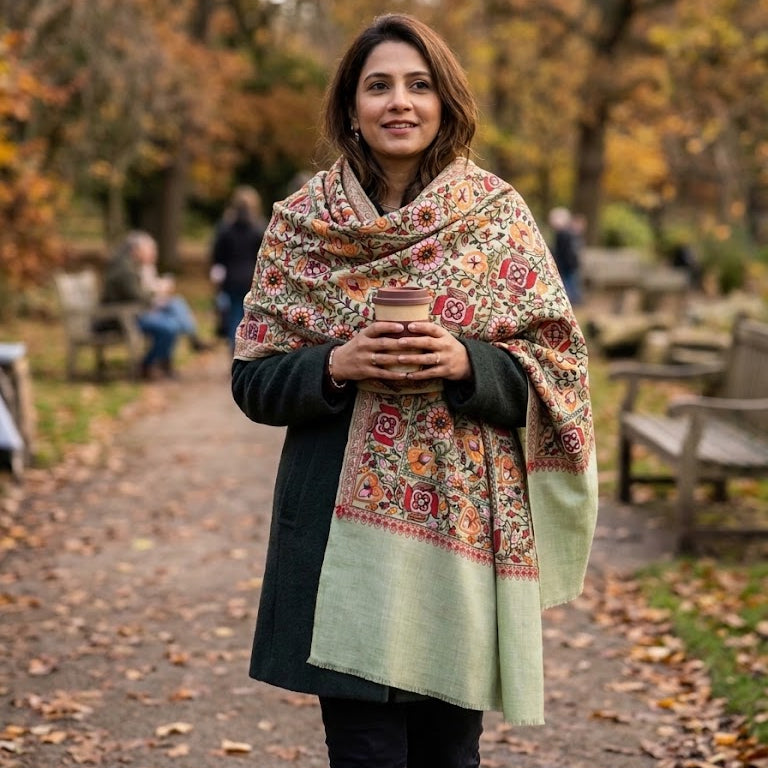A woman standing on an autumn park path wearing a large, multicolored floral shawl with sage green borders over a dark coat, holding a cup.