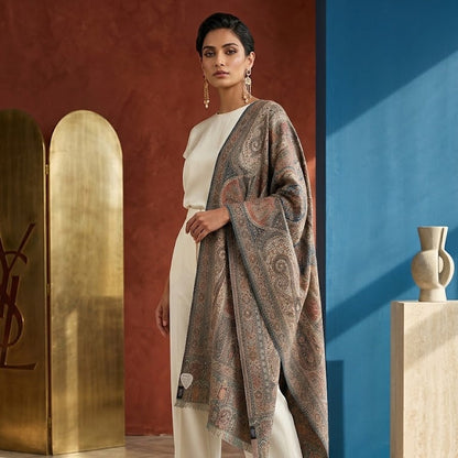 A woman models a beige and brown paisley shawl draped over her shoulders, paired with a white top and wide-leg trousers, standing in a styled studio setting with a terracotta and blue wall background.