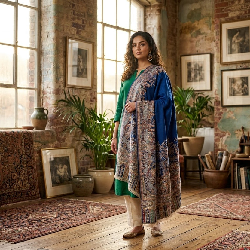A woman stands in a rustic, sunlit room with exposed brick walls, framed art, and patterned rugs, wearing a green kurta with a blue and beige paisley shawl draped over her shoulders.