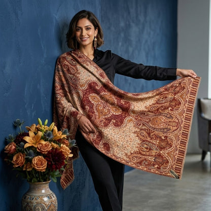 Woman holding a patterned scarf in a room with a vase of flowers and a chair.