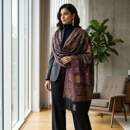 A woman models a long, patterned shawl with dark red, black, and brown tones, styled over a black turtleneck, gray blazer, and black wide-leg trousers in a modern indoor setting.