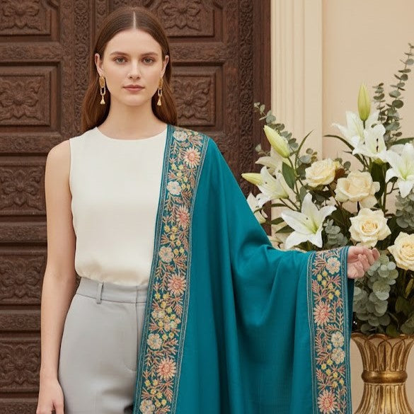 Women’s Wool Shawl - Pure Tilla Embroidery Border - Dark Blue