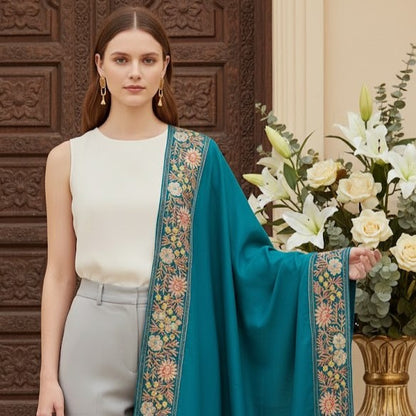 Women’s Wool Shawl - Pure Tilla Embroidery Border - Dark Blue