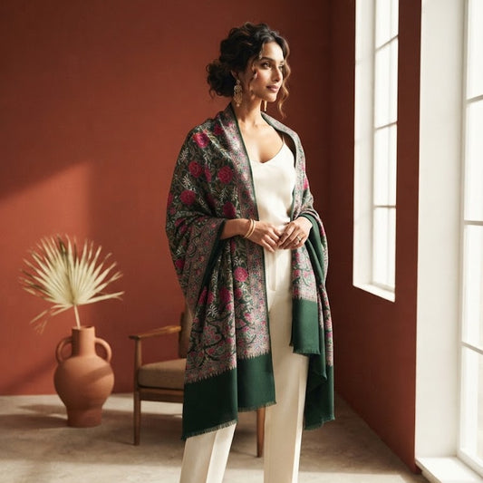 A woman stands in a sunlit room wearing a long patterned shawl draped over a white jumpsuit. The shawl has dark green borders and a floral paisley print in pink, red, and green tones.