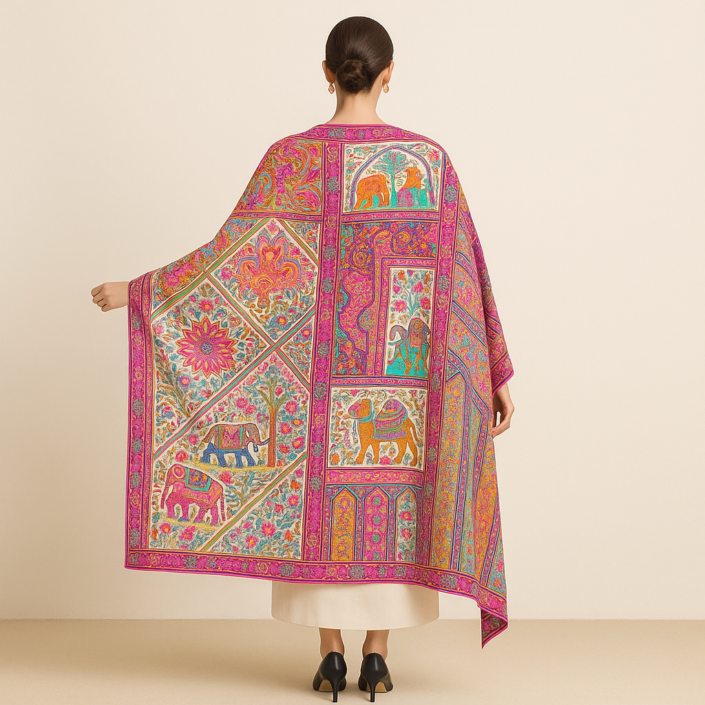 Woman wearing a colorful patterned shawl with elephants on a beige background