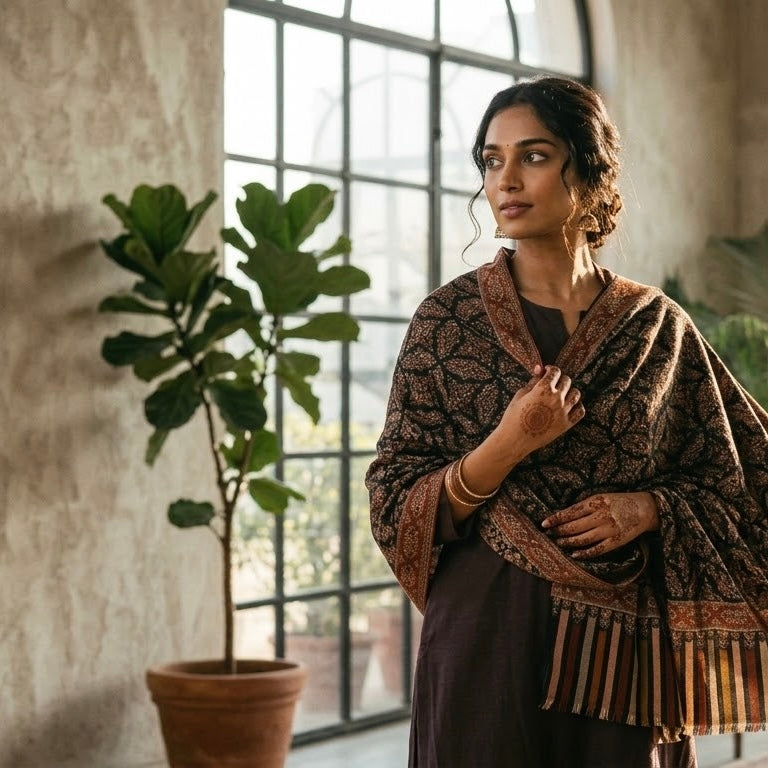 A woman wearing a brown patterned shawl with fringe over a dark dress, standing indoors near a large window and a potted plant.