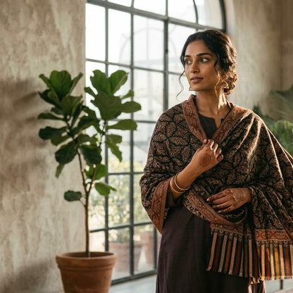 A woman wearing a brown patterned shawl with fringe over a dark dress, standing indoors near a large window and a potted plant.