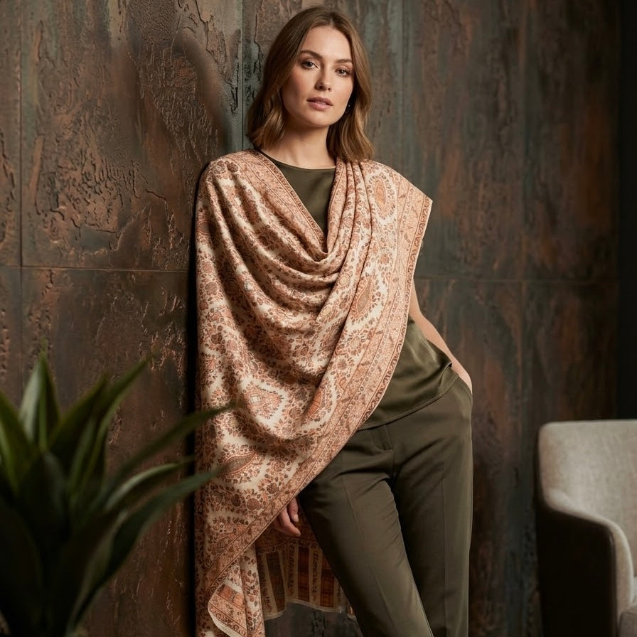 Cream Kani Wool Shawl - Diamond Trellis Design for Everyday Wear