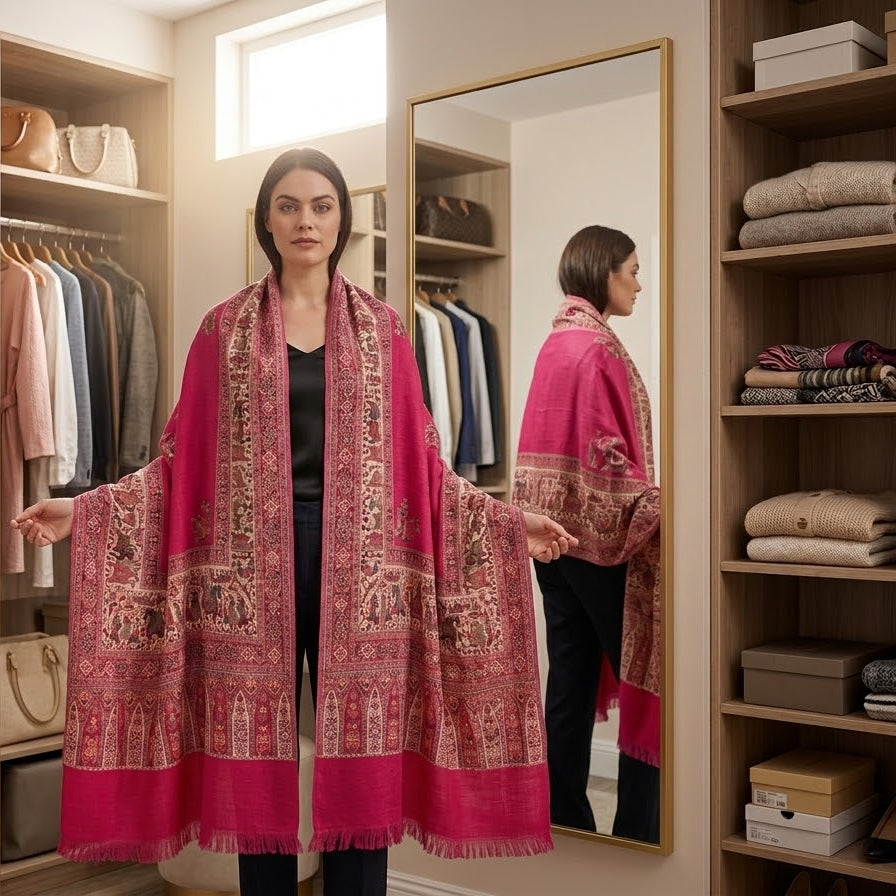 A woman stands in a well-lit walk-in closet wearing a large, vibrant pink shawl with intricate gold and brown traditional patterns. She holds the shawl out to display its full size and pattern, with her reflection visible in a large gold-framed mirror behind her.