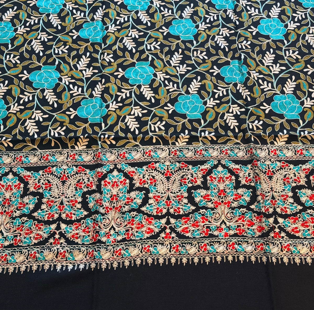 Black & Turquoise Nalki Rose Shawl - Embroidered Wool Blend Wrap for Everyday Wear