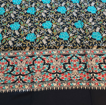 Black & Turquoise Nalki Rose Shawl - Embroidered Wool Blend Wrap for Everyday Wear