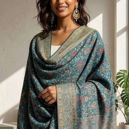 Woman wearing a blue patterned shawl indoors with a plant in the background