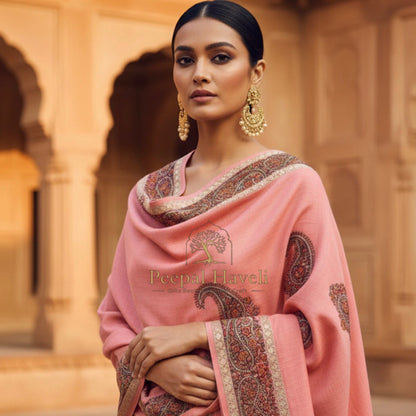 Pink Sozni Wool Blend Shawl - Zari Border Design for Evening Wear