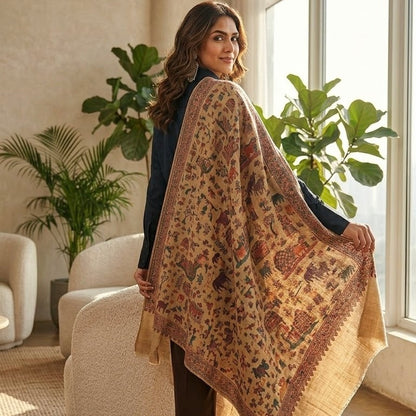 A woman stands indoors by a window holding up a large patterned shawl or scarf. The fabric is tan/beige with an allover multicolor print and a decorative border, and the room has plants, cream chairs, and bright natural light.