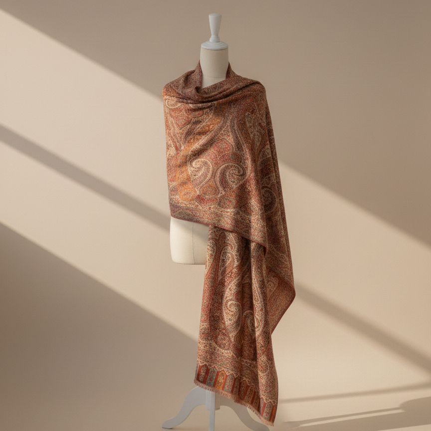 Brown patterned scarf on a mannequin against a beige background