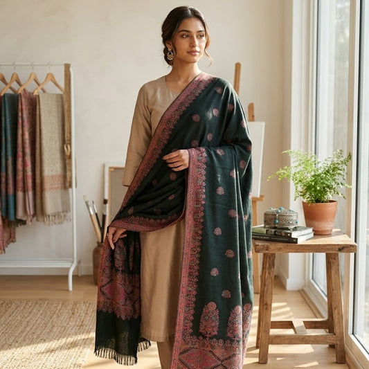 A woman models a dark green dupatta with pink and gold traditional patterns, draped over a beige kurta in a bright, sunlit room with wooden floors and a small side table.