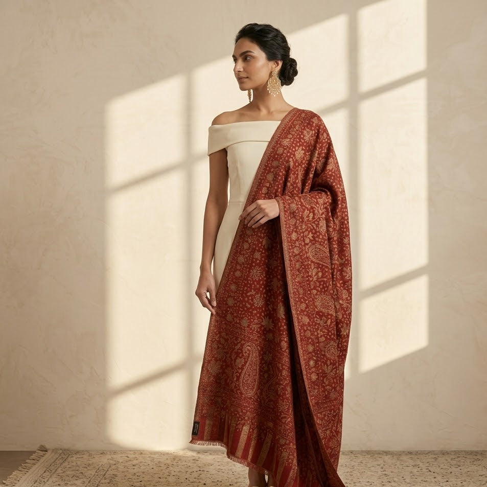 Woman wearing a white top and red patterned drape in a sunlit room
