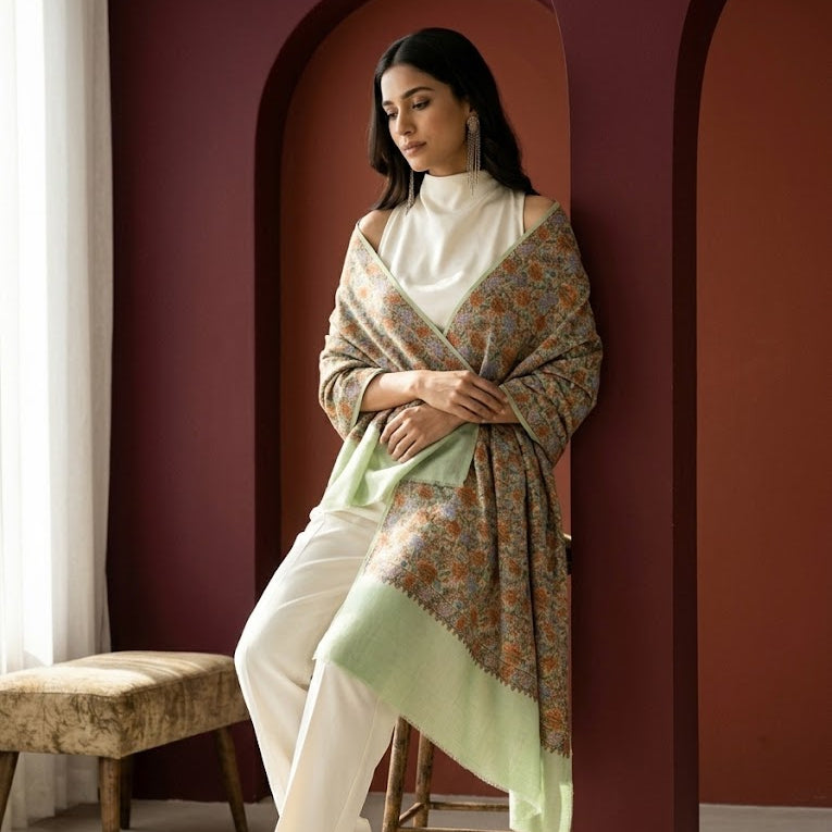Sage Green Sozni Wool Shawl - Floral Jaal Embroidered Wrap for Occasion Wear