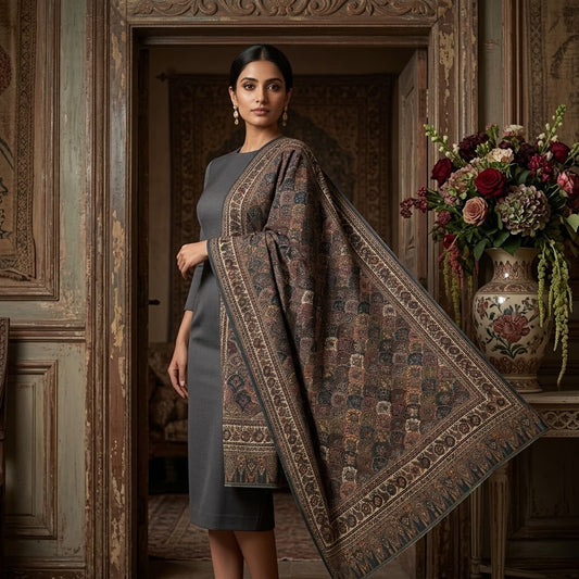 A woman stands in an ornate interior doorway wearing a dark gray dress and a large patterned shawl draped over her shoulder. The shawl has intricate geometric and floral motifs in brown, beige, and muted blue tones with a wide decorative border.