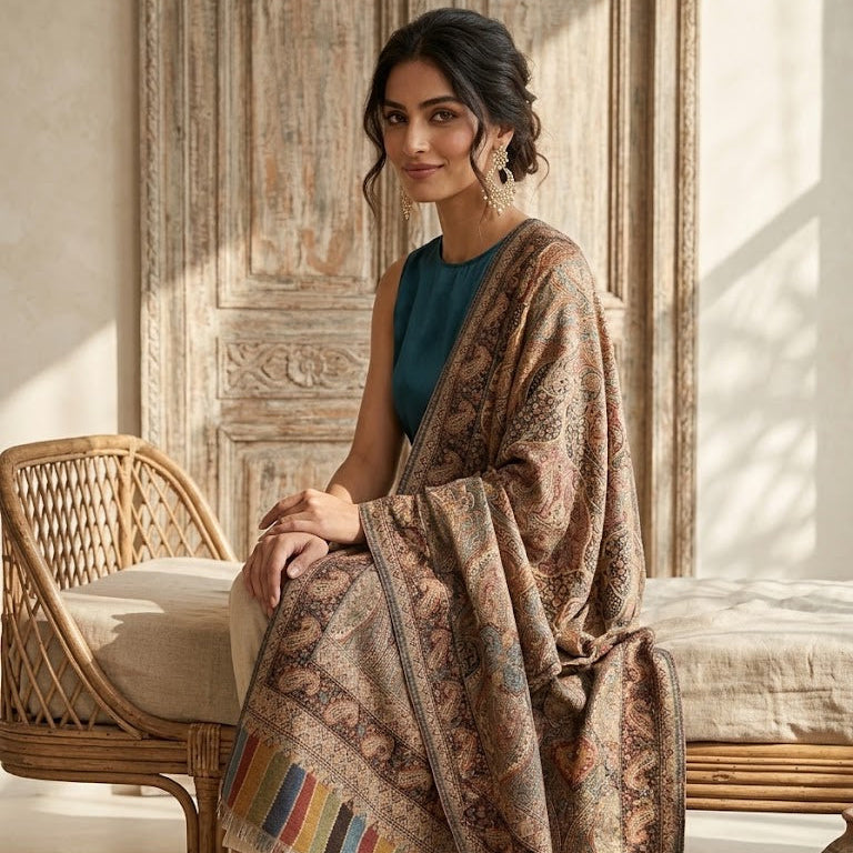 A woman sits on a woven rattan bench wearing a large patterned shawl draped over her shoulders. The shawl features intricate paisley and floral motifs in brown, beige, and muted orange, with a contrasting striped border in red, blue, yellow, and green.