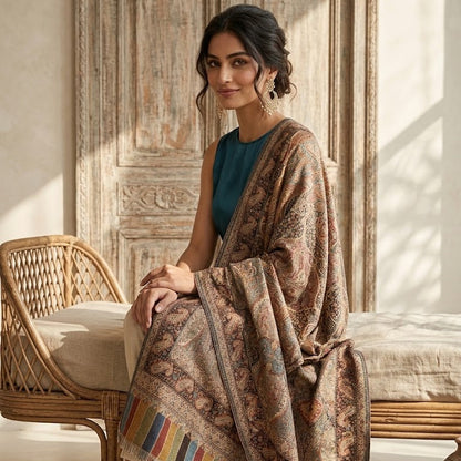 A woman sits on a woven rattan bench wearing a large patterned shawl draped over her shoulders. The shawl features intricate paisley and floral motifs in brown, beige, and muted orange, with a contrasting striped border in red, blue, yellow, and green.