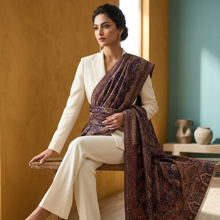 A woman seated on a wooden bench wearing a cream-colored pantsuit and a dark patterned shawl draped over her shoulders, posed in a warm-toned indoor setting with wood floors and a blue wall.