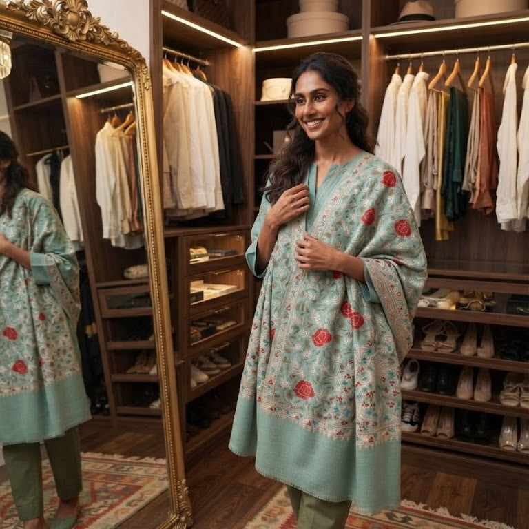 A woman stands in a luxurious walk-in closet wearing a mint green kurta with red floral prints and olive green trousers. The room features dark wood shelving filled with folded and hanging clothes, a large gold-framed mirror reflecting her profile, and a crystal chandelier overhead.